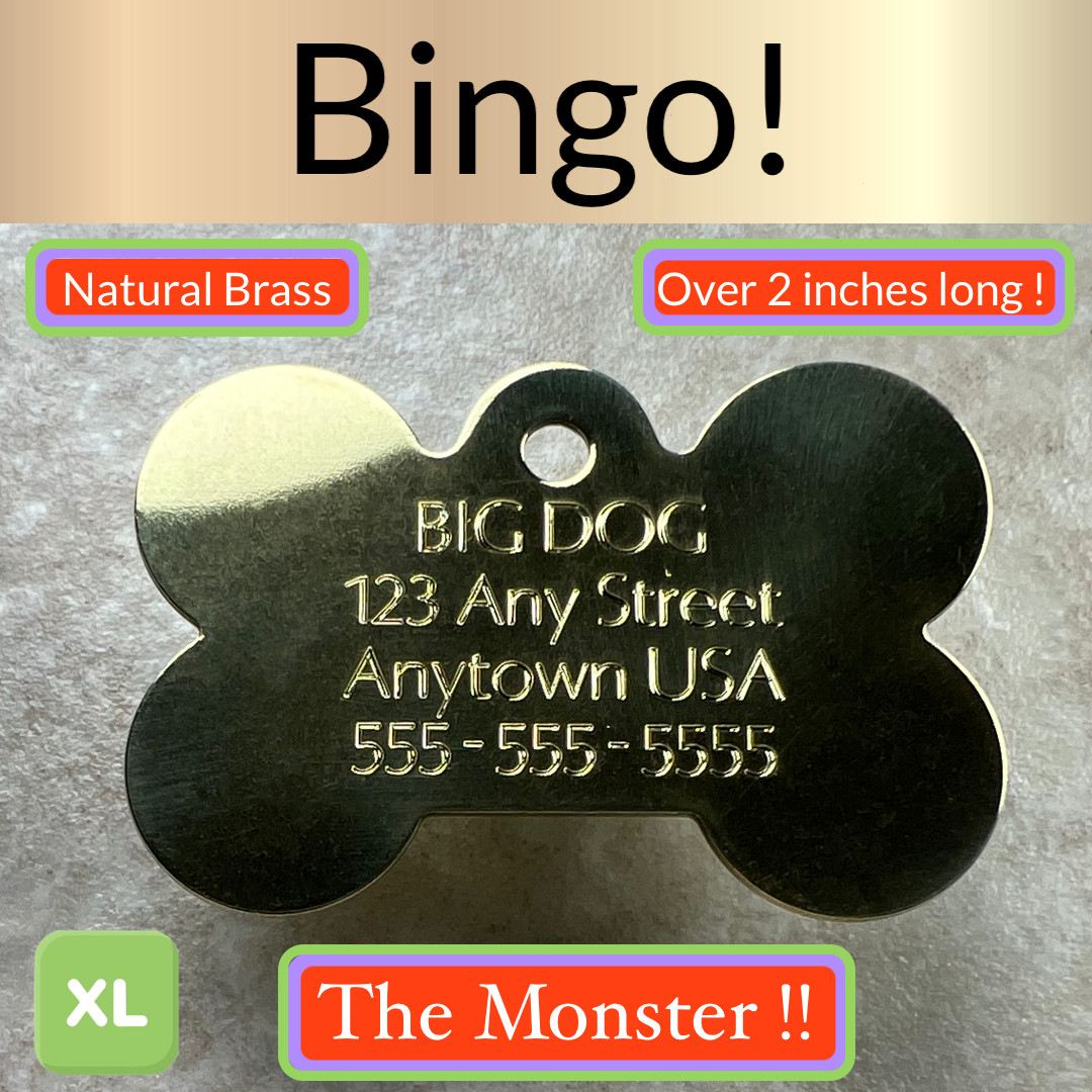 Custom Engraved Dog Tags Personalized Dog Collar Pet Bone Tag BRASS EXTRA LARGE