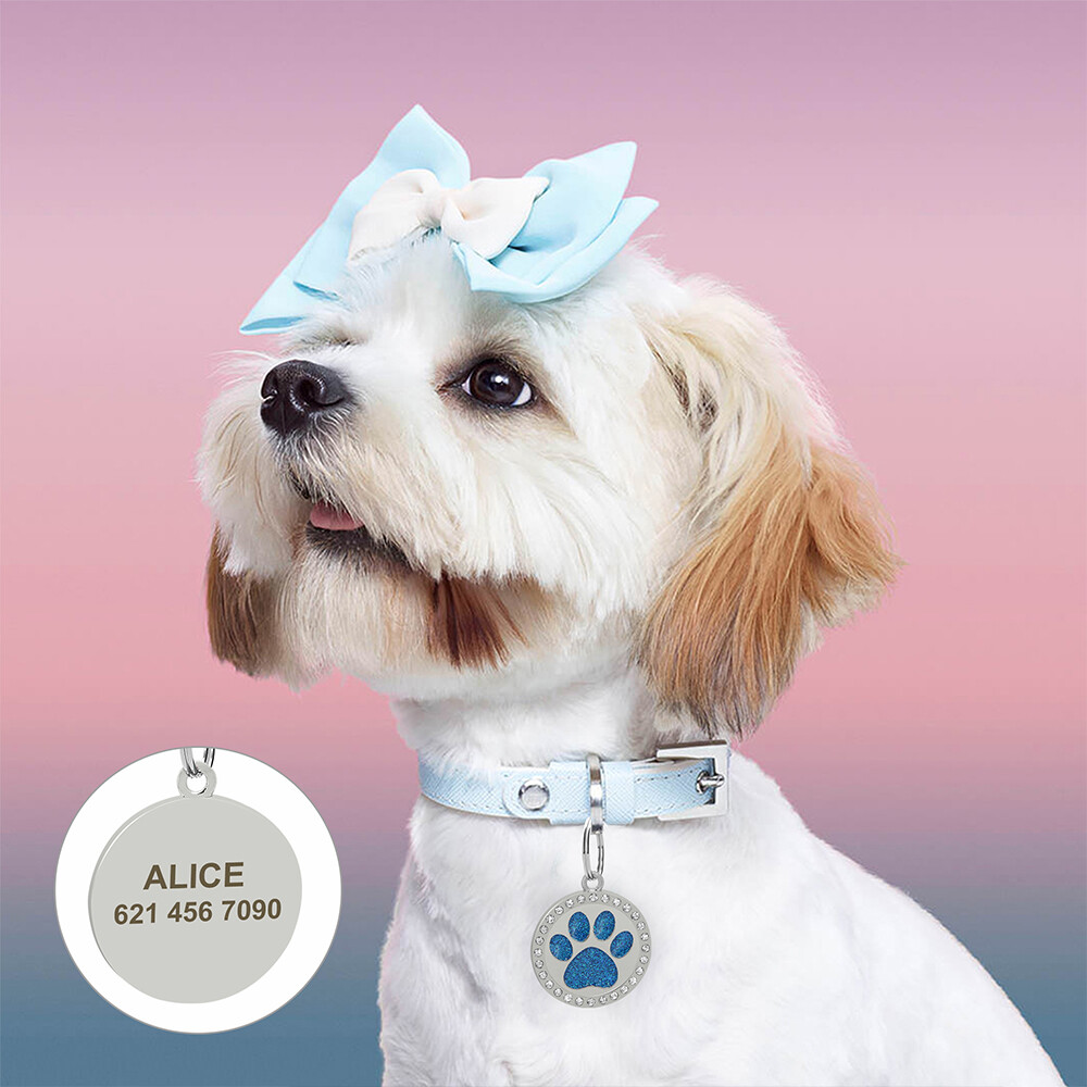 Paw Cat Dog Tags Personalized Custom Pet Name ID Engraved Rhinestone Bling Tag
