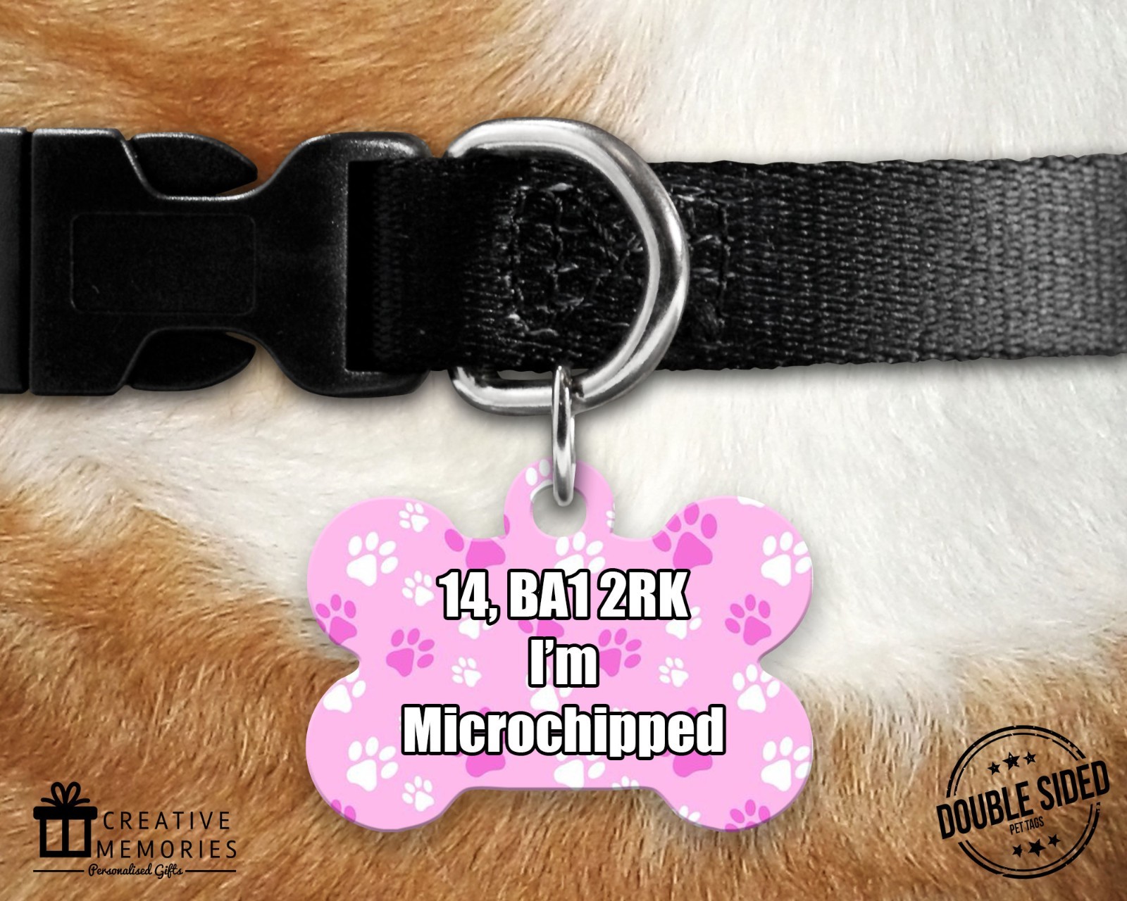 Personalised Pet Tag – Dog Tag – Dog ID Tag – Dog Collar – Pink Paws Pattern