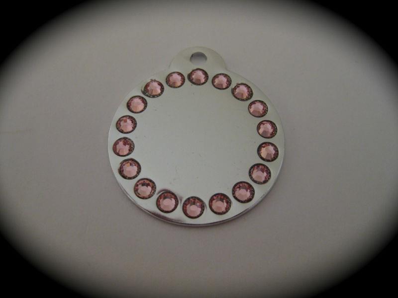 LARGE Round engraved Pet ID Name Tag Cat Dog with Swarovski Crystals FREE post