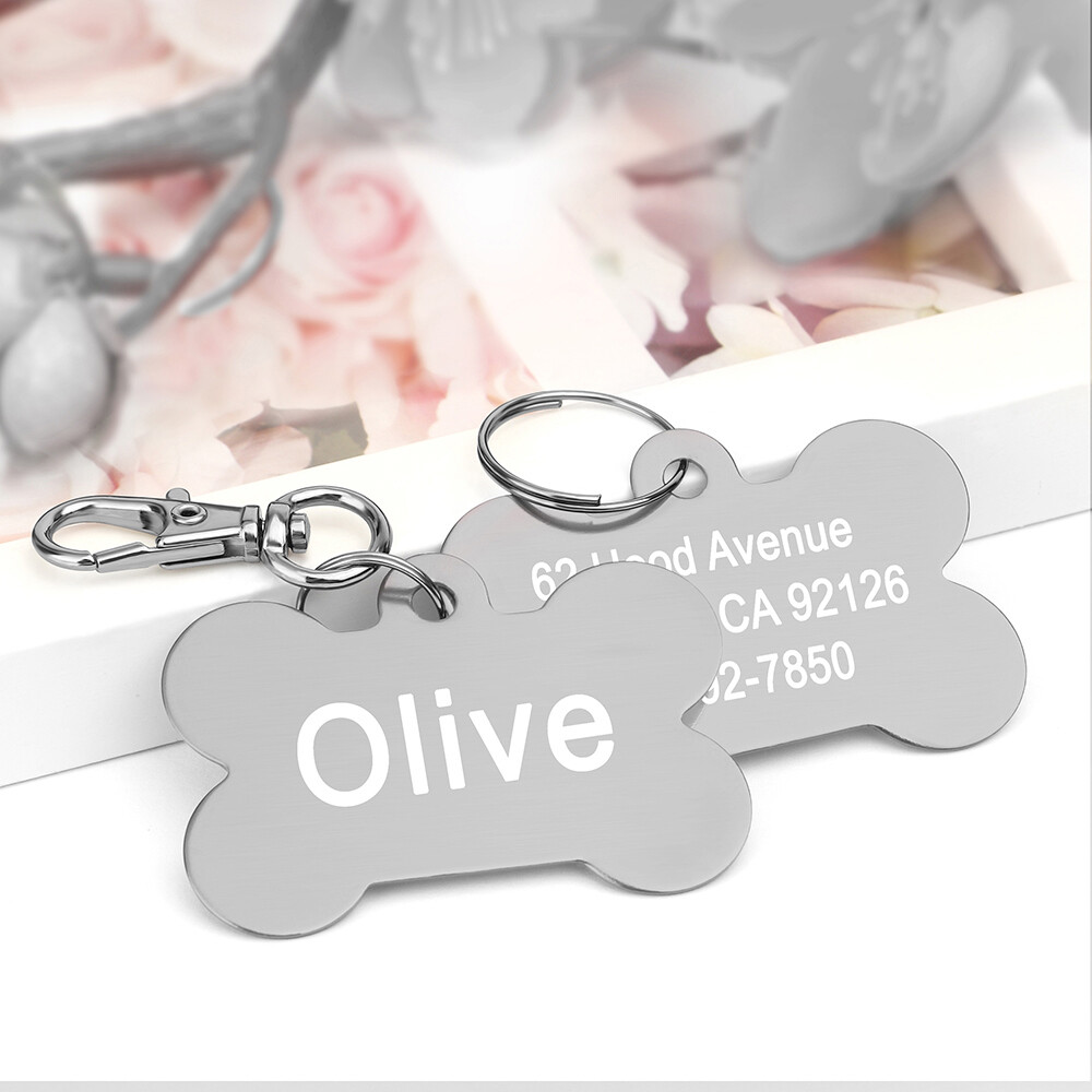 Personalized Pet Name ID Tags for Dog, Custom Double Sided Engraved Bone Shape