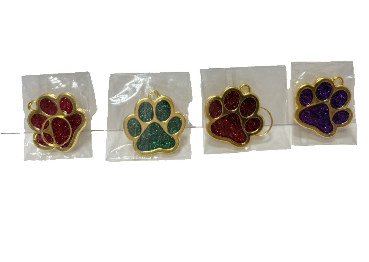 Pet ID Tags Metal Glitter Print Dog Cat Name Tag Paw Shape Collar Charm Set of 4