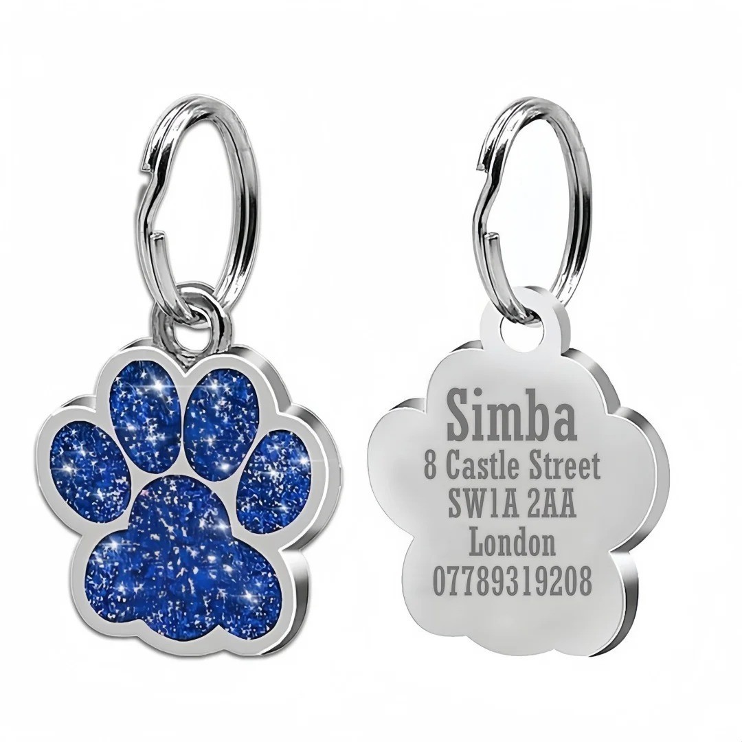 Personalized Paw Glitter Dog Tags Engraved Cat Puppy Pet ID Name Collar Tag New