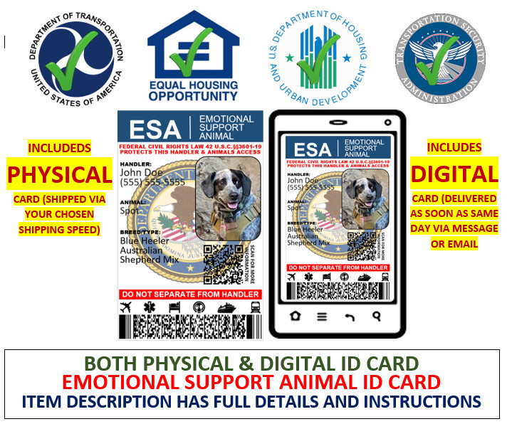EMOTIONAL SUPPORT ANIMAL ID CARD ESA PHYSICAL & DIGITAL CUSTOMIZABLE 2 SIDED