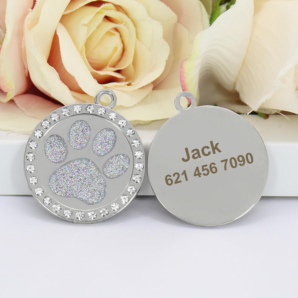 Paw Cat Dog Tags Personalized Custom Pet Name ID Engraved Rhinestone Bling Tag