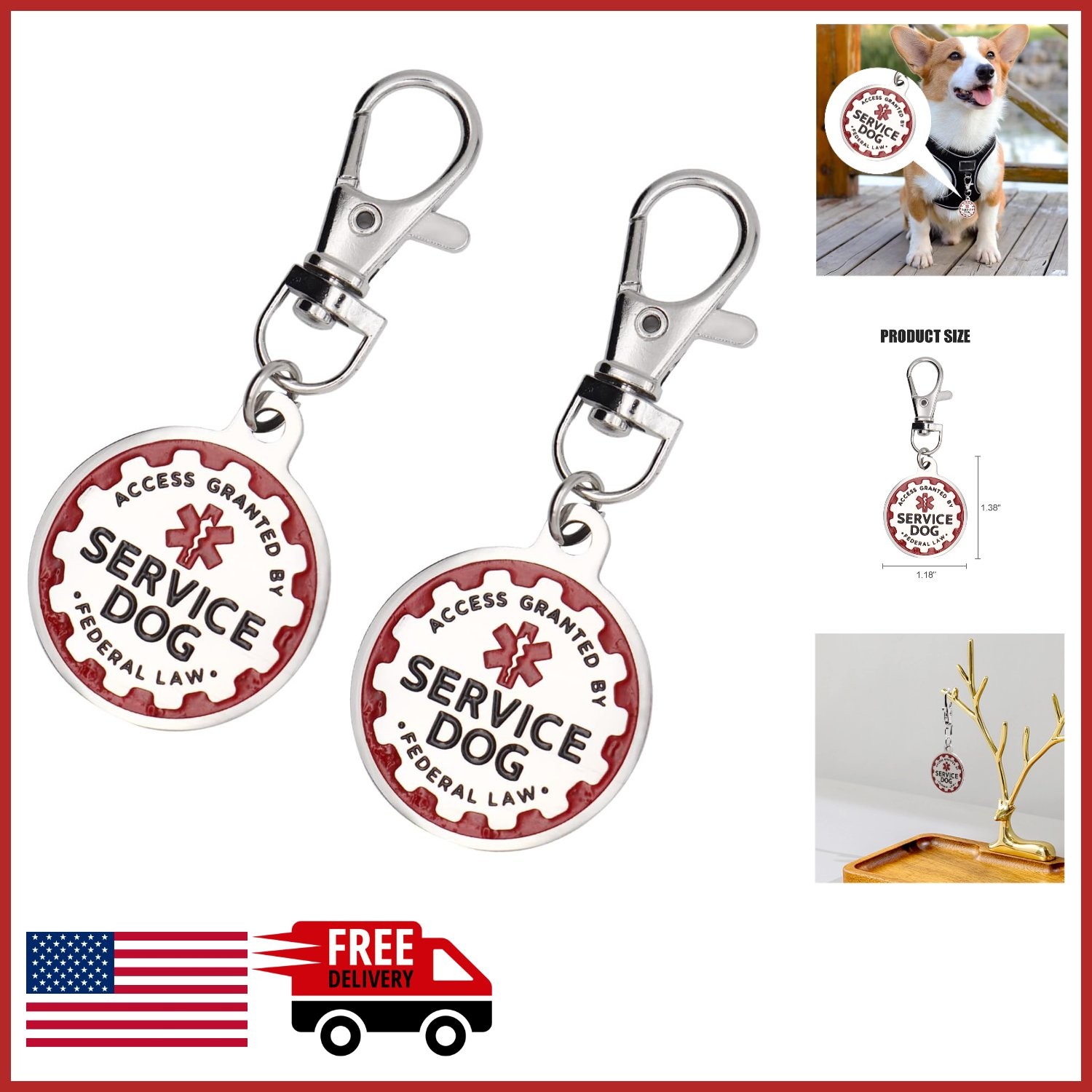 Double-Sided ESA Dog Tag Red Polished Stainless Steel for Service Animals