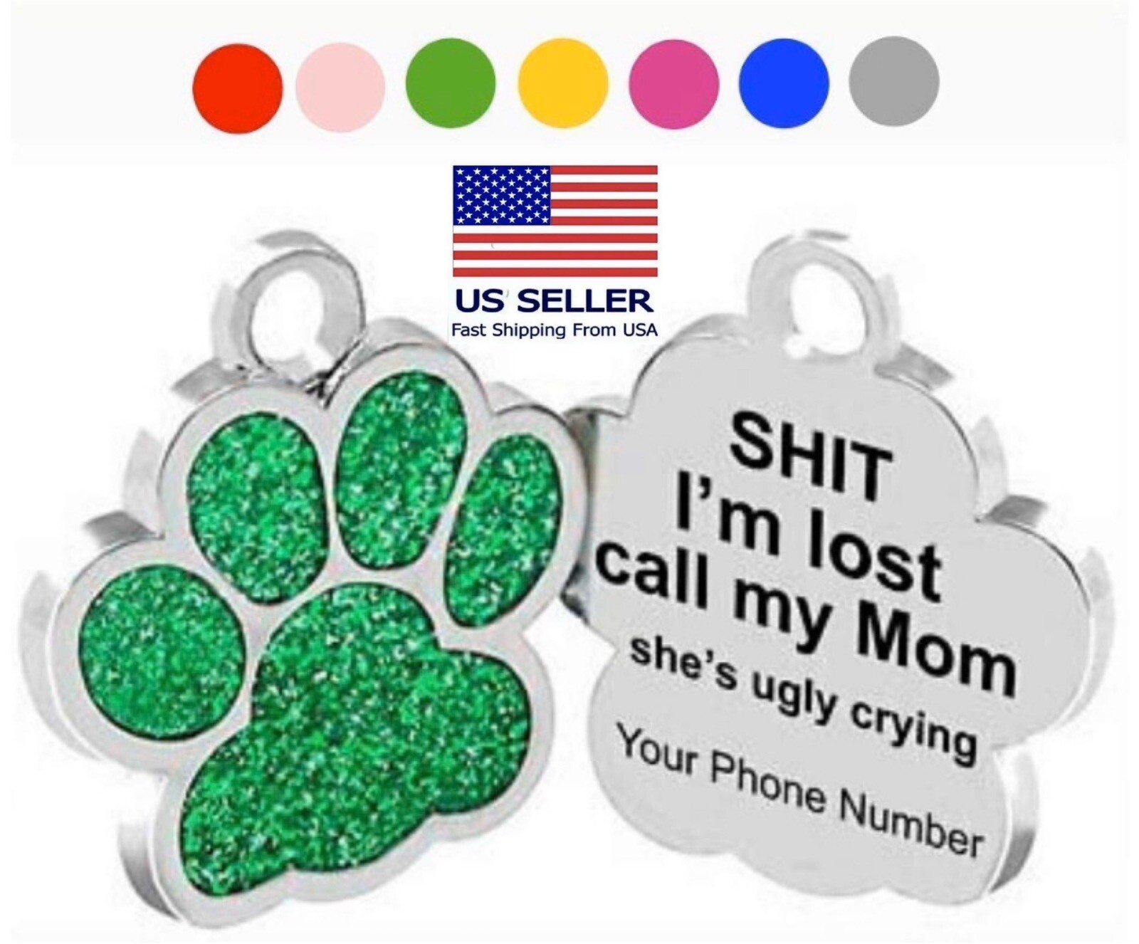 Custom Engraved Tag Pet ID PAW PRINT GLITTER DOG CAT FREE SPLIT RING