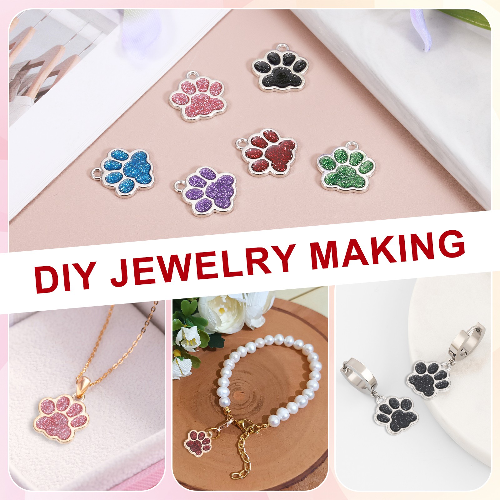 Enamel Paw Print Charms with Glitter Powder, 50Pcs(Silver Tone/Pink)