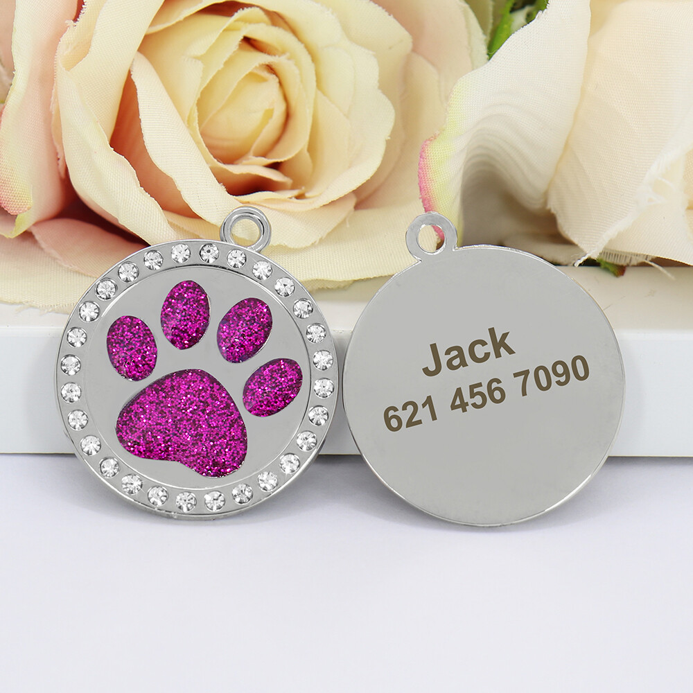 Paw Cat Dog Tags Personalized Custom Pet Name ID Engraved Rhinestone Bling Tag