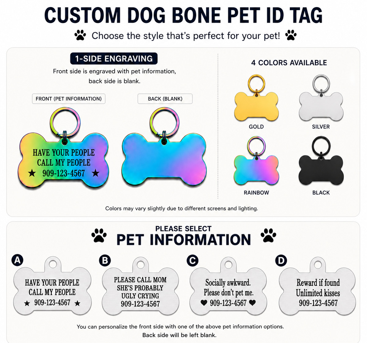 Custom Dog Bone Pet ID Tag Personalized Photo Engraved Name Stainless Steel