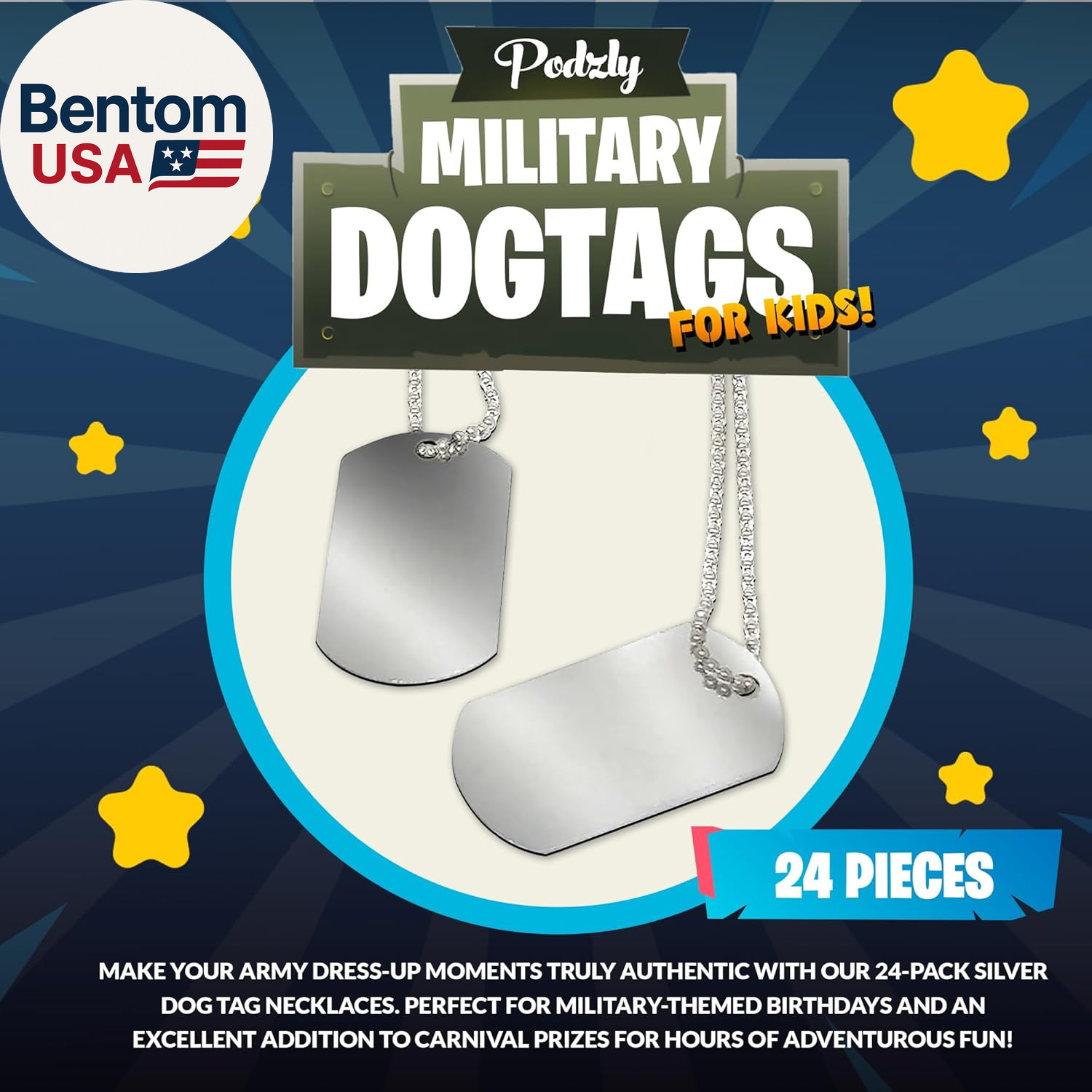 24 Piece Military Dog Tags – Silver Metal Necklaces with 2″ Tag with 24″ Chain –