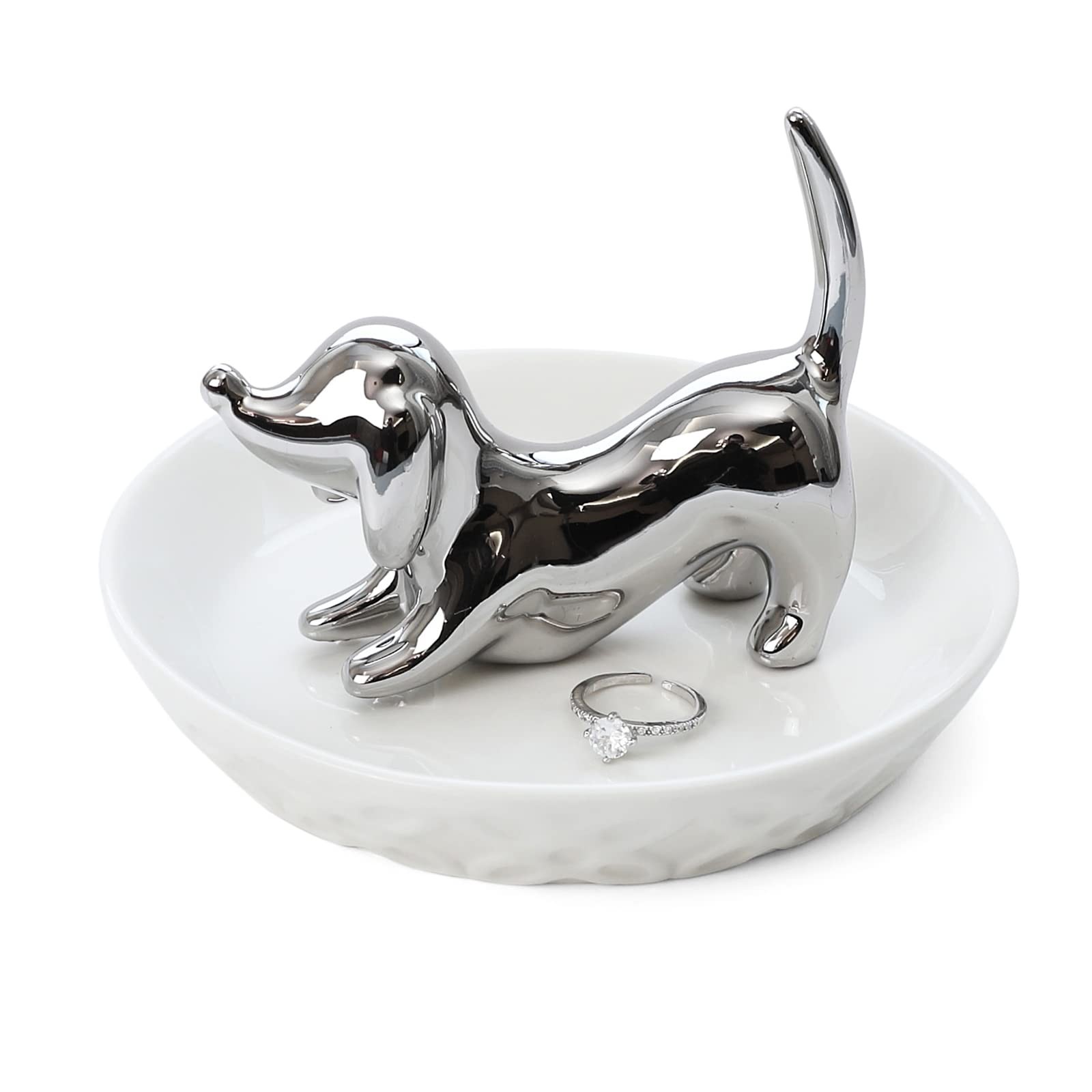 HOME SMILE Dog Ring Holder,Ceramic Silver Jewelry 3.42″ Dog, White