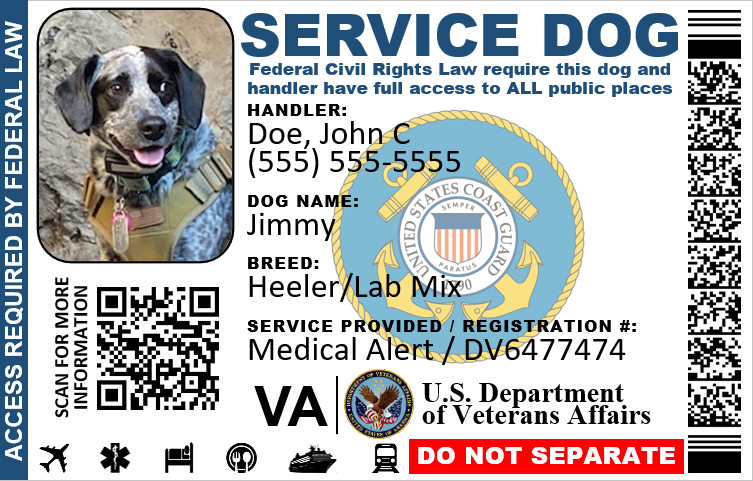SERVICE DOG ID MILITARY VETERAN PLASTIC PVC SINGLE SIDE YOU CHOOSE SERVICE LOGO