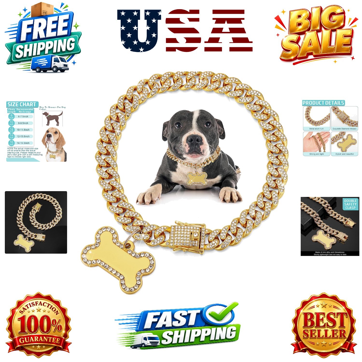 Golden Dog Chain Diamond Collar Necklace with Pet ID Jewelry Tags Rhinestones…