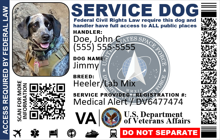 SERVICE DOG ID MILITARY VETERAN PLASTIC PVC SINGLE SIDE YOU CHOOSE SERVICE LOGO