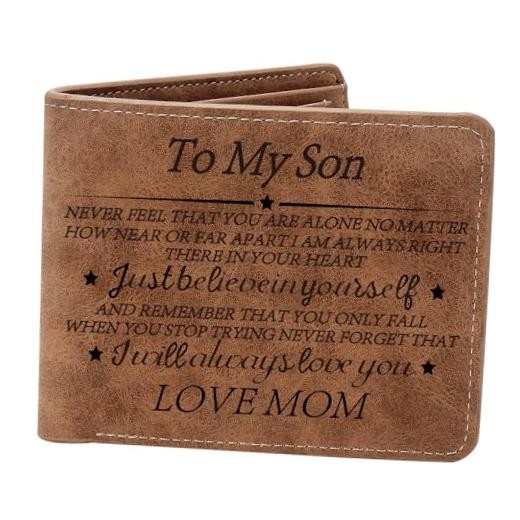 THTCSQ To My Son Gifts,Leather Wallet for Men,Engraved Never Feel Son from Mom