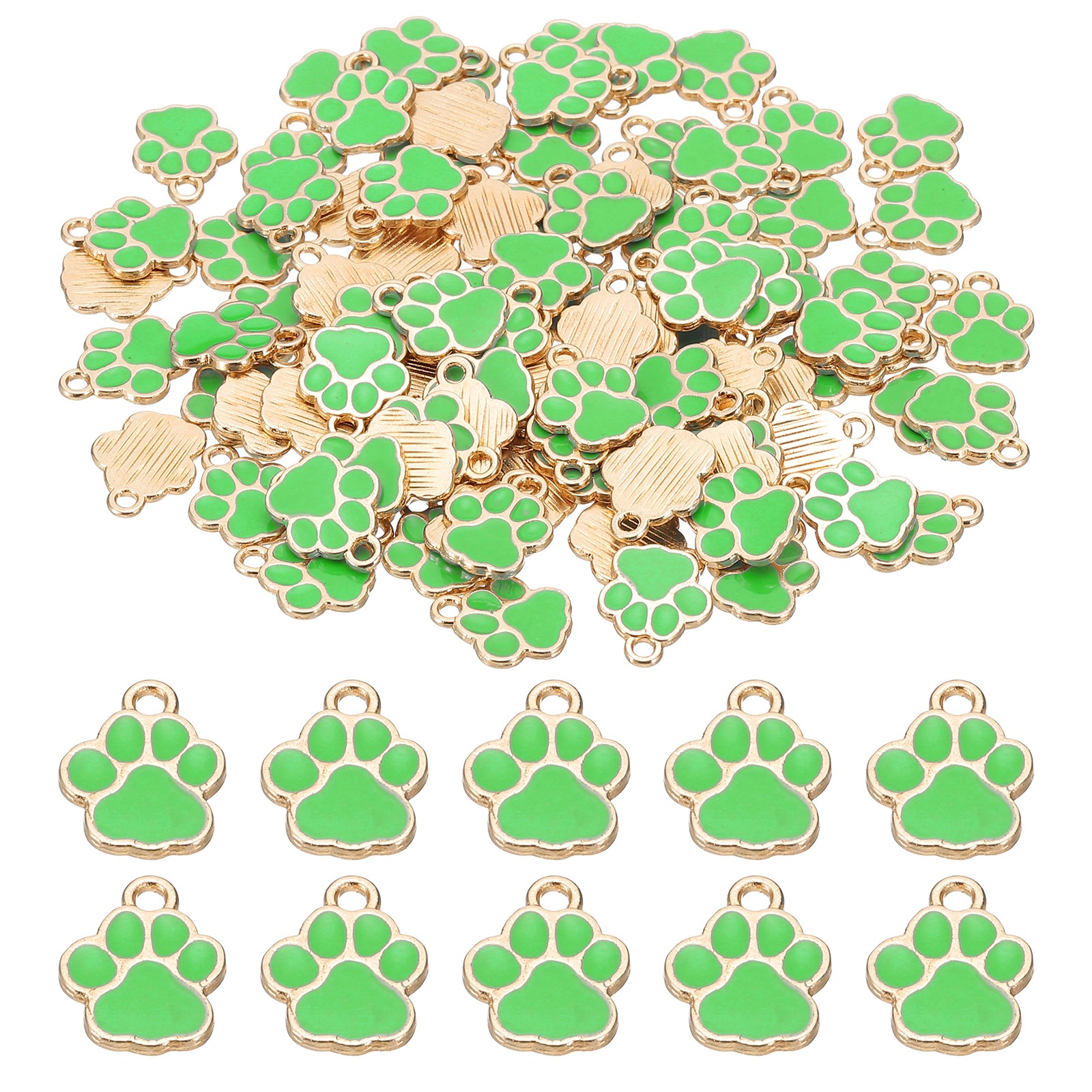 Enamel Paw Print Charm, 100Pcs Alloy Enamel Pendants , Green/gold