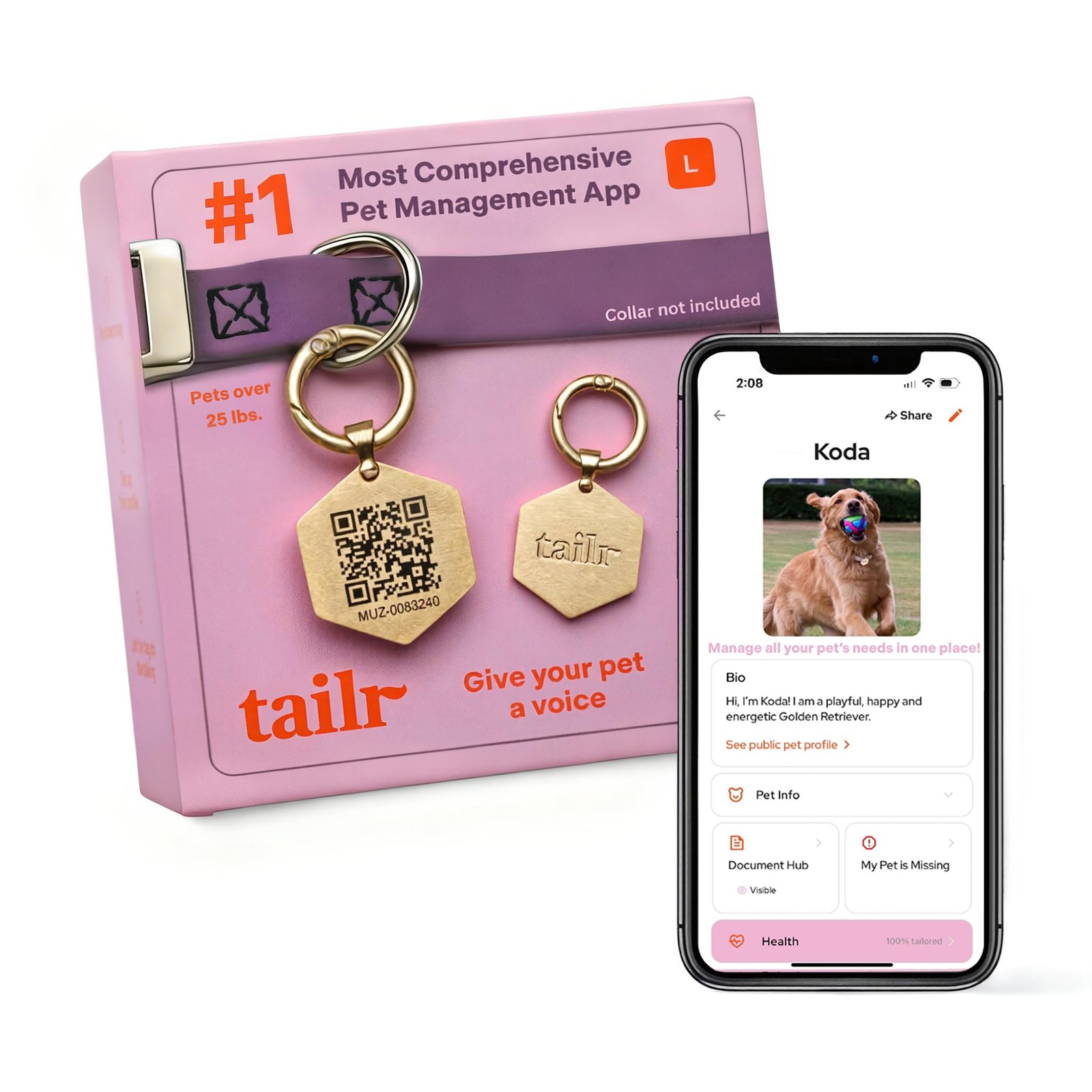 Hanging QR Code Pet ID Tag, Large Gold Dog Tag, Cat Tag, Custom Profile, Incl…