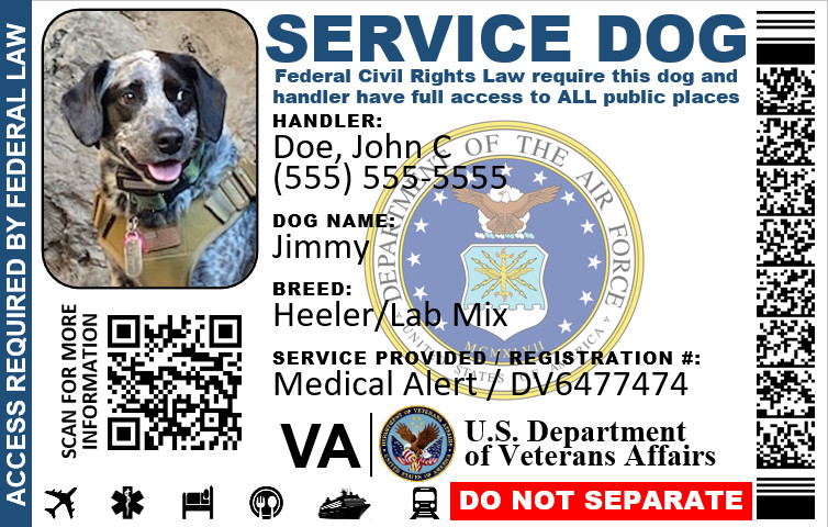 SERVICE DOG ID MILITARY VETERAN PLASTIC PVC SINGLE SIDE YOU CHOOSE SERVICE LOGO
