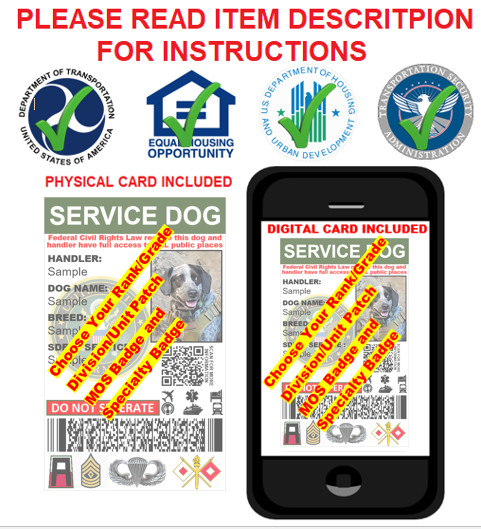 CUSTOM DUAL SIDED SERVICE DOG ID CARD FOR ARMY VETERANS PHYSICAL & DIGITAL CARD