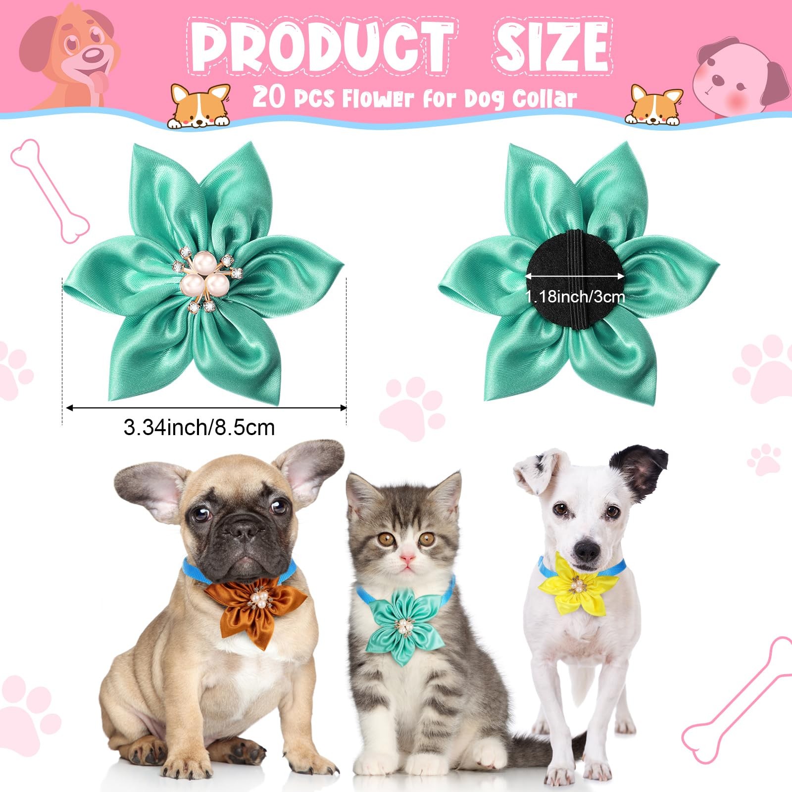 Reginary 20 Pcs Dog Collar Flowers, approx. 3.35 inches/ 8.5 cm, multicolor