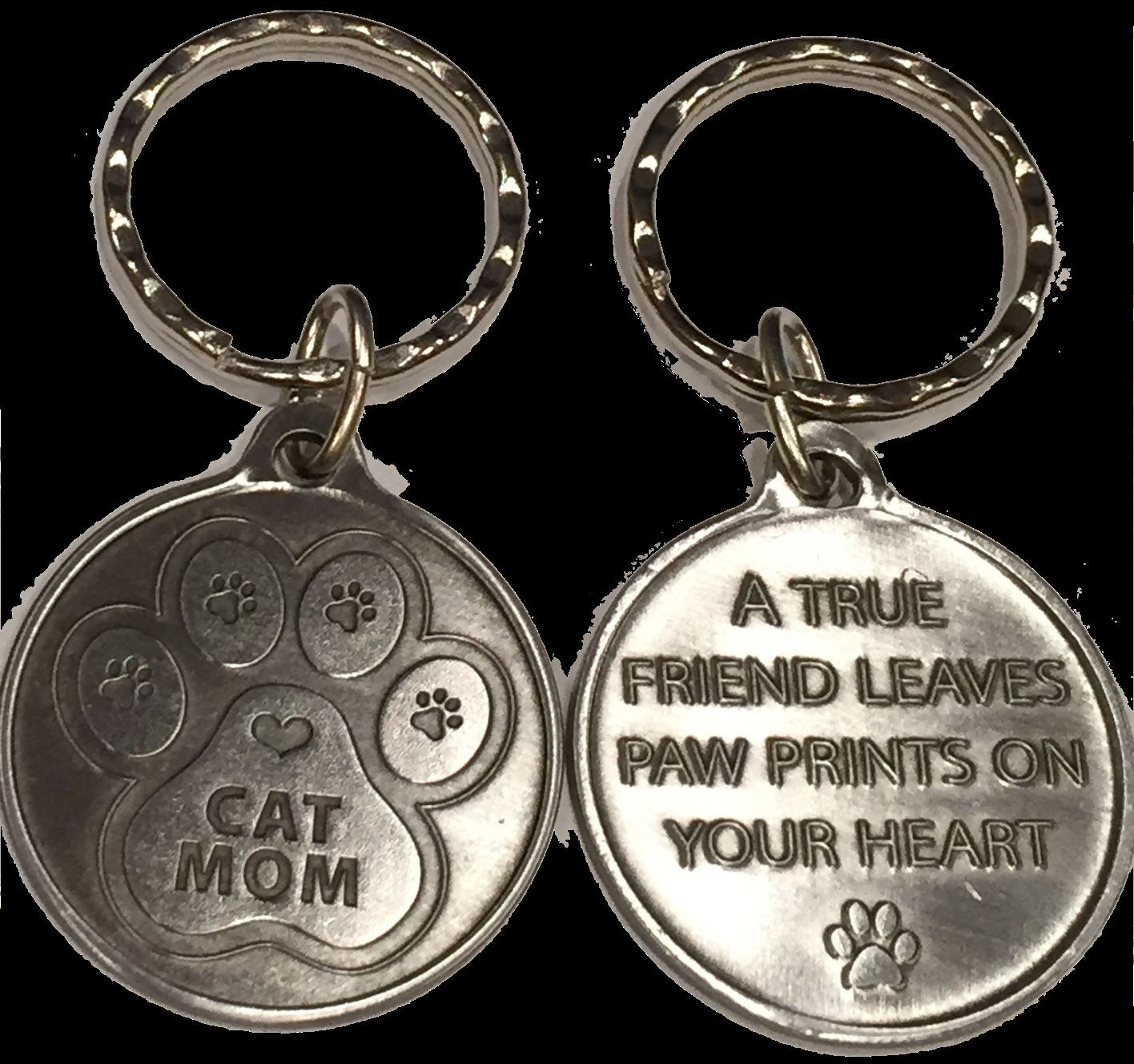 Cat Mom Paw Print Heart – A True Friend Pet Key Chain Tag Keychain Pewter Color