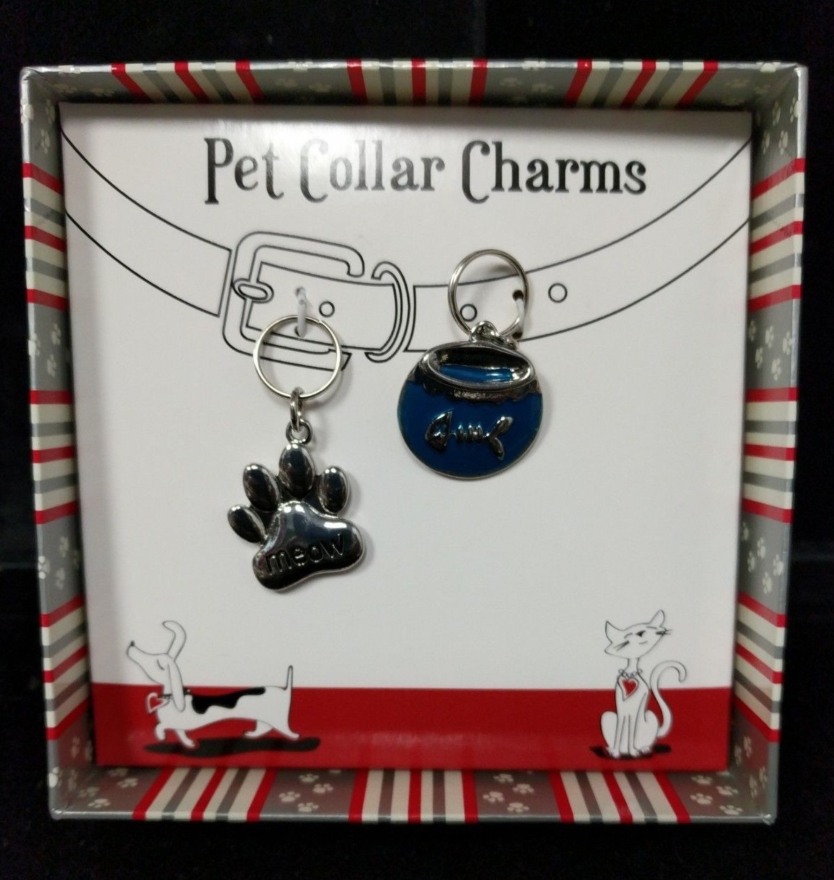 Pawsitively Spoiled Pet Collar Charm Cat Paw Meow + Blue Fish Bowl Animal Fun