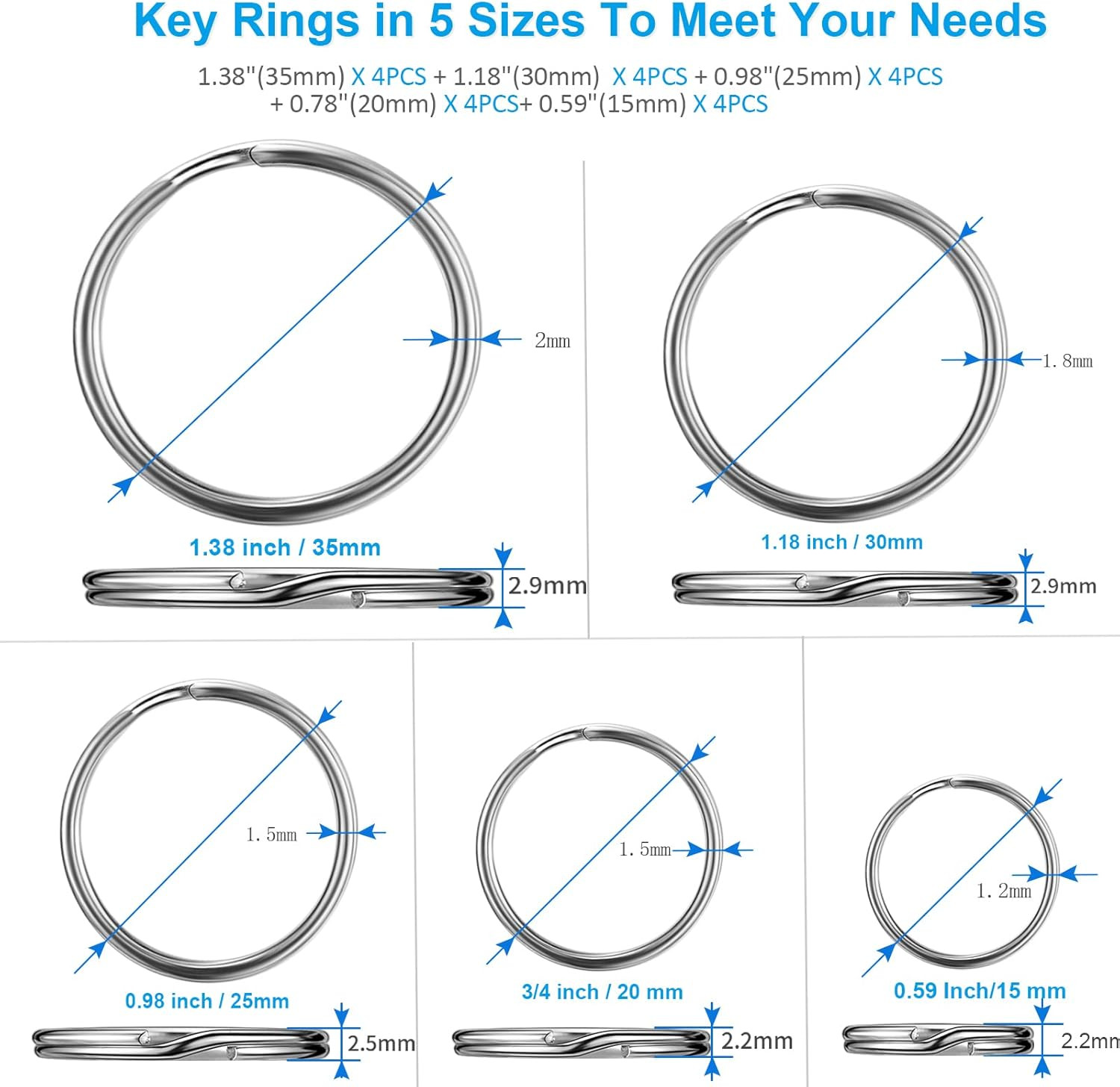 20 Pcs Stainless Steel Split Key Rings Assorted Sizes for DIY Dog Pet Collar Tag