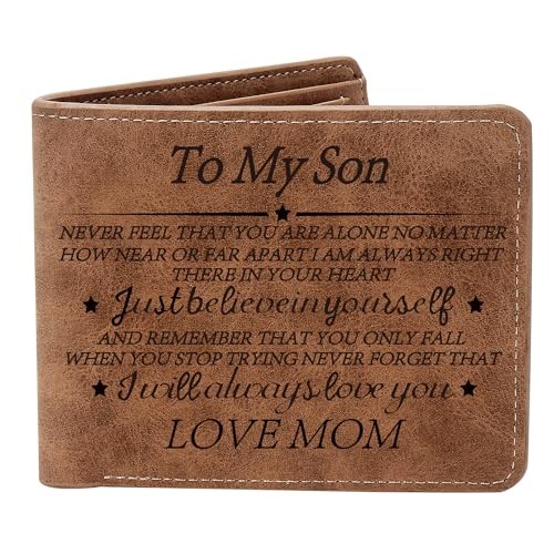 THTCSQ To My Son Gifts,Leather Wallet for Men,Engraved Never Feel Son from Mom