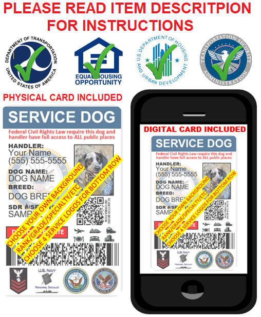 CUSTOMIZABLE CUSTOM SERVICE DOG ID CARD FOR NAVY VETERANS PHYSICAL&DIGITAL CARD
