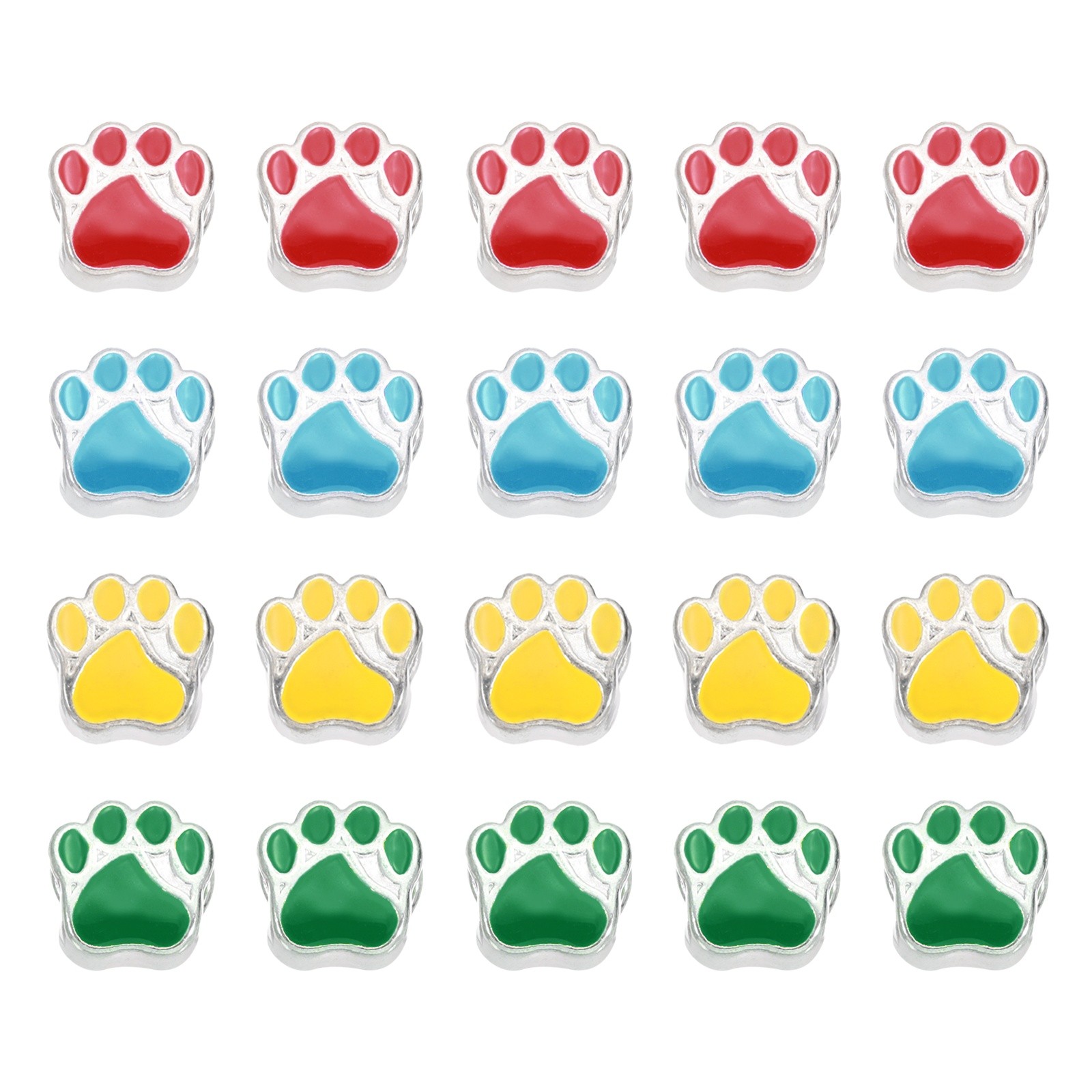 Enamel Paw Print Charms, Large Hole Beads, 20Pcs(Red/Green/Yellow/Blue)