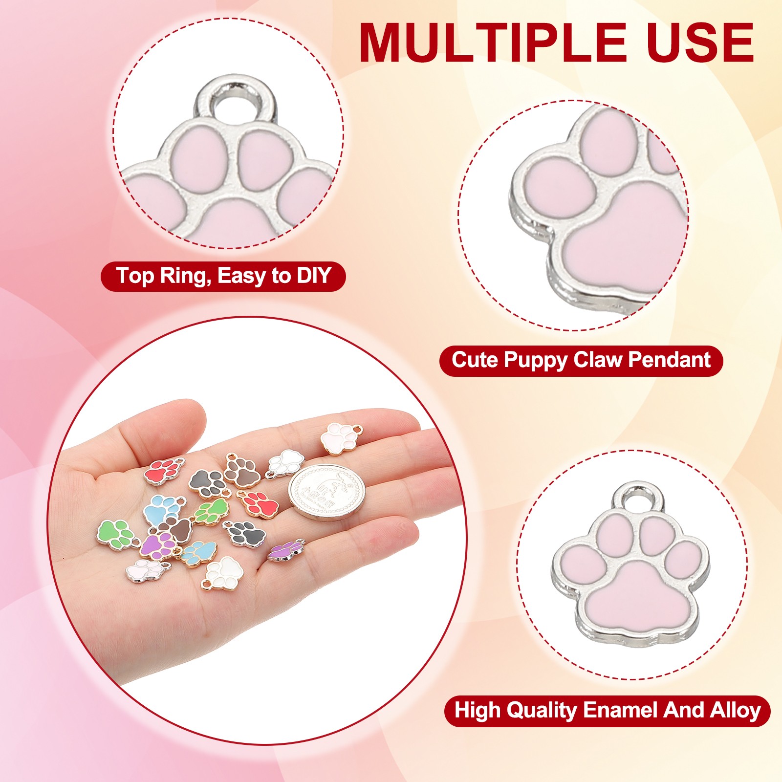 Enamel Paw Print Charm, 100Pcs Alloy Enamel Pendants , Pink/silver