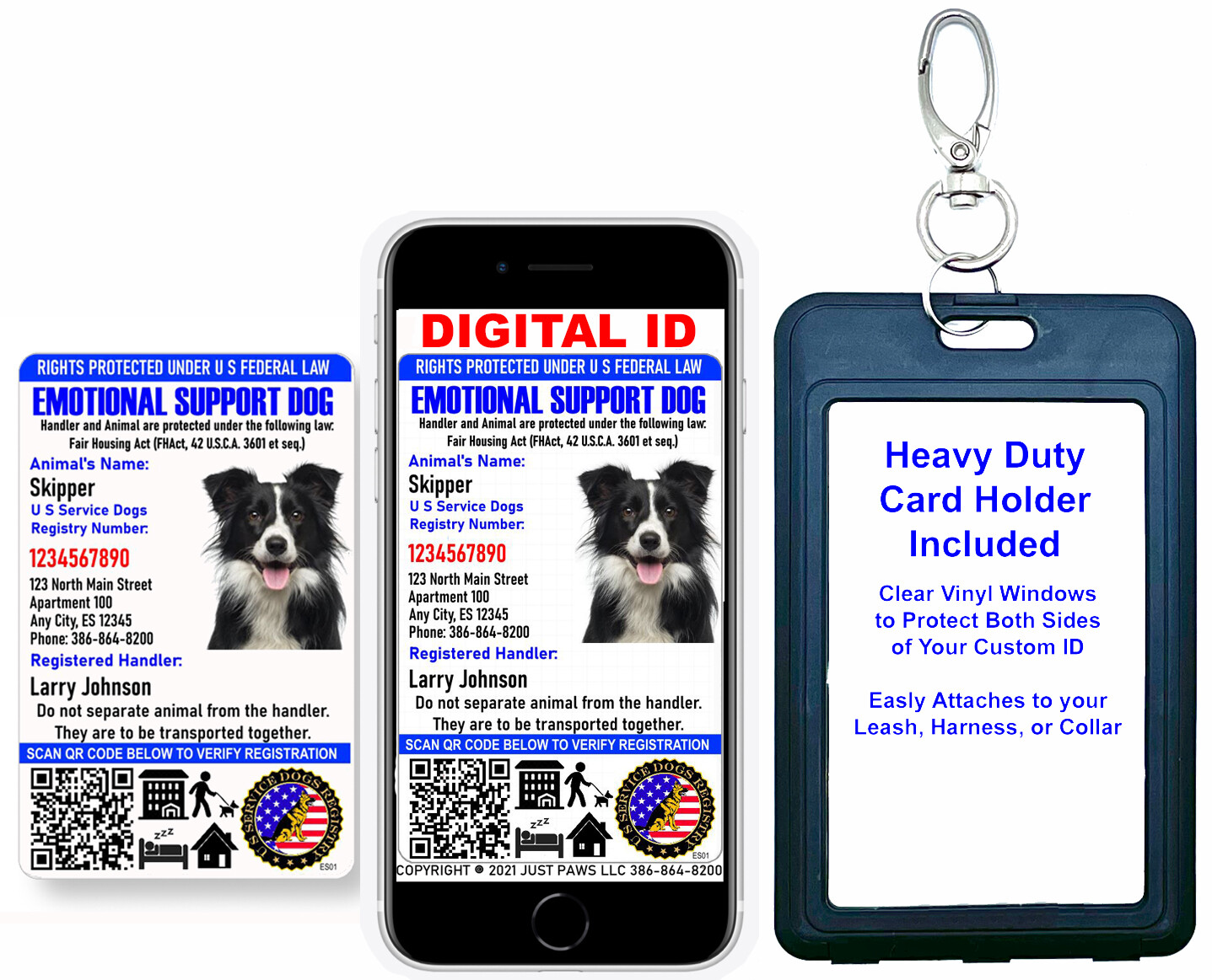 Holographic Emotional Support Dog ID w/QR Code & ID Holder Plus Digital Copy