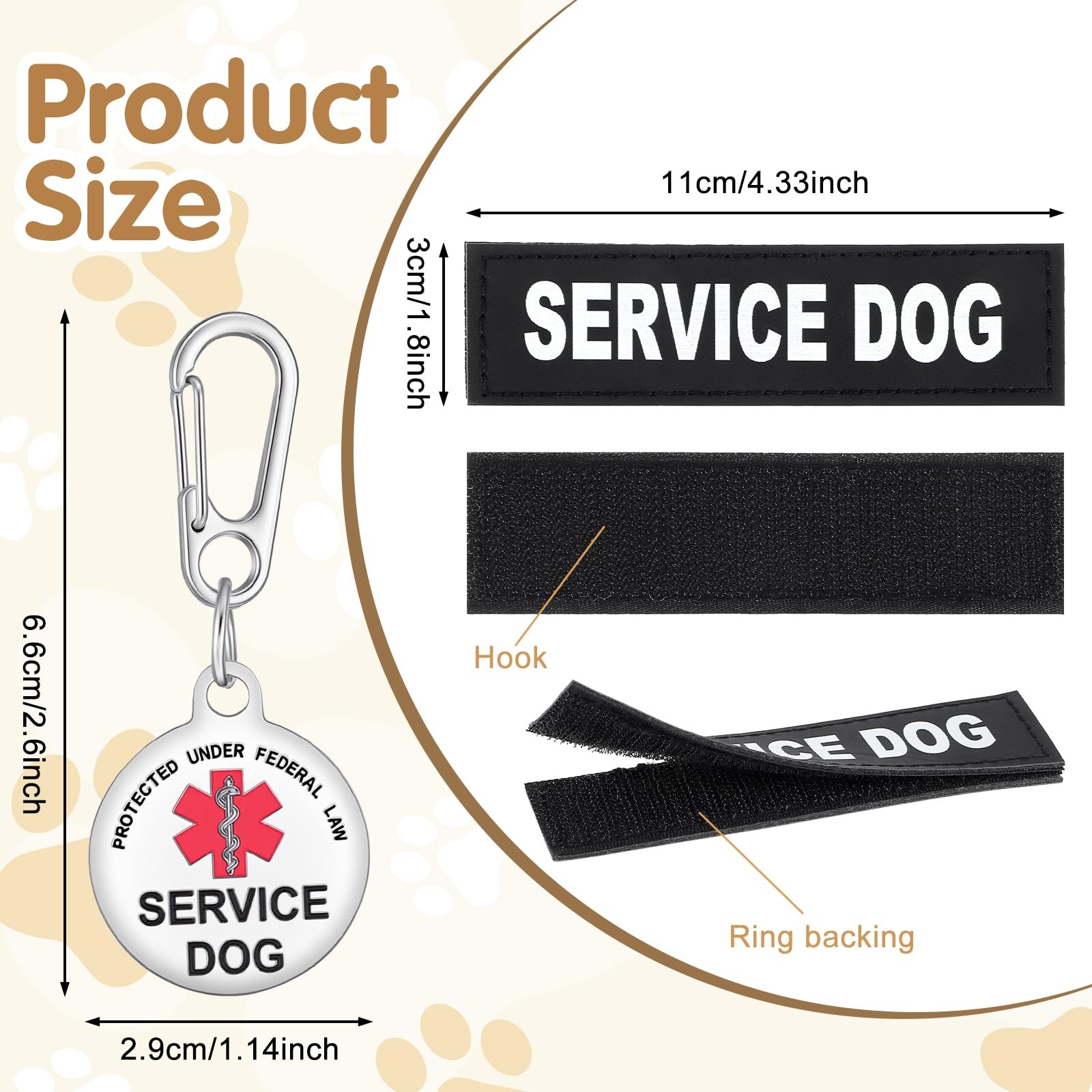 2pcs Service Dog Patches and ID Tags, Removable 11×3 cm/4.33×1.18 in, Black