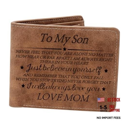 THTCSQ To My Son Gifts,Leather Wallet for Men,Engraved Never Feel Son from Mom