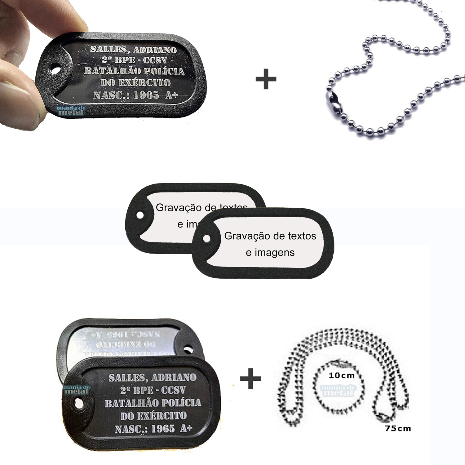 Dog Tag Placas de Identificação Modelo Militar em Aço Inox